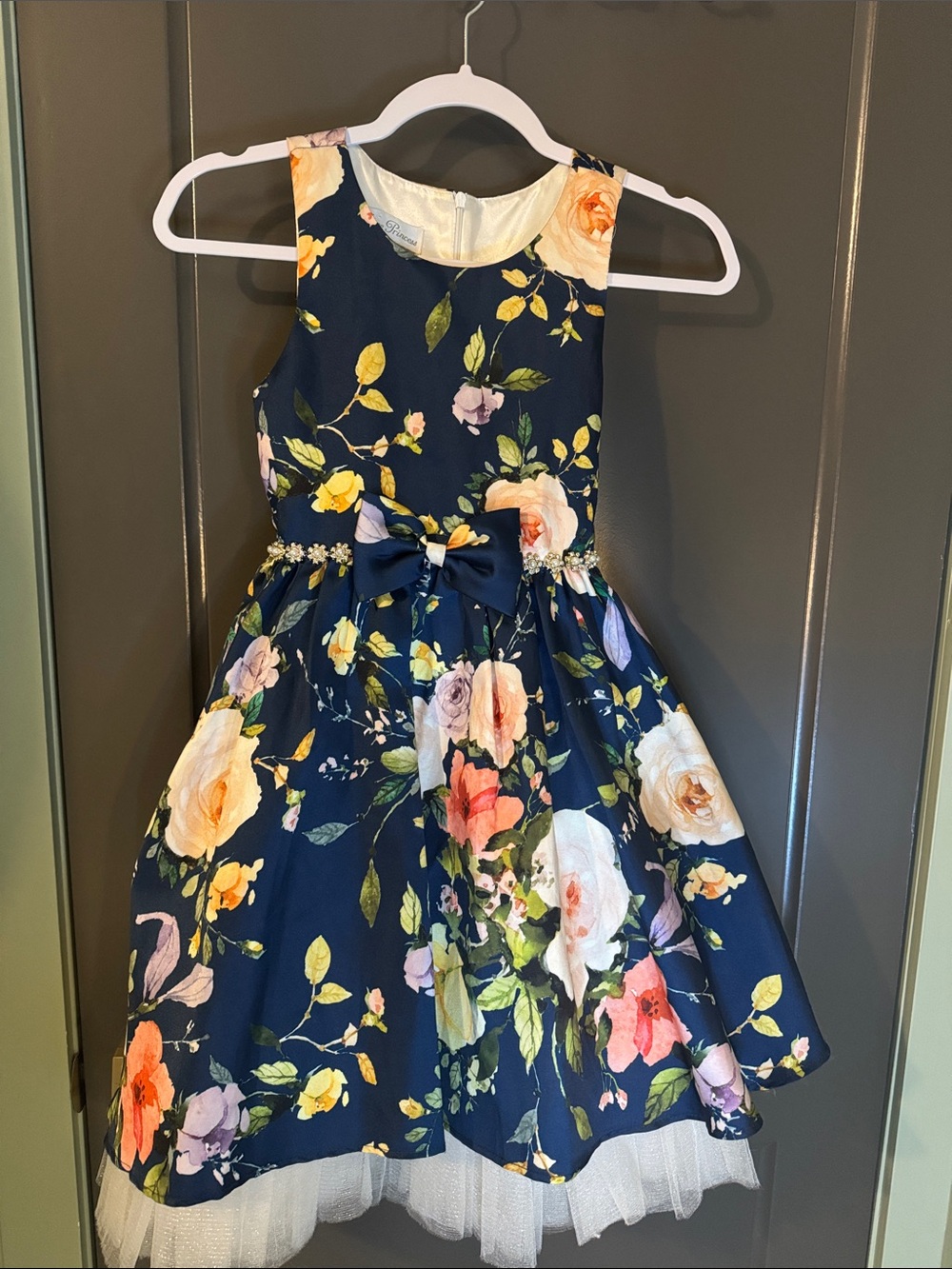 Navy Floral Girls' Special Occasion Dress with Waist Bow, size 12, like new